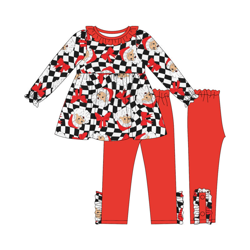 ( Moq 5 ) Preorder Baby Girl Long Sleeves Checked Bows Santa Tunic Red Pants Christmas Set