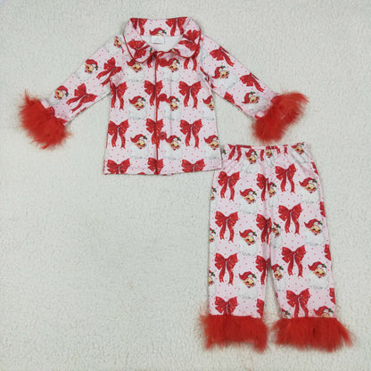 Sibling Girls Kids Adult Woman Red Fur Bows Santa Buttons Pajamas Mama and Me Family Christmas Set RTS
