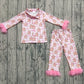 Baby Girl Pink Fur Long Sleeves Bows Gingerbread Buttons Shirt Pants Pajamas Christmas Set RTS
