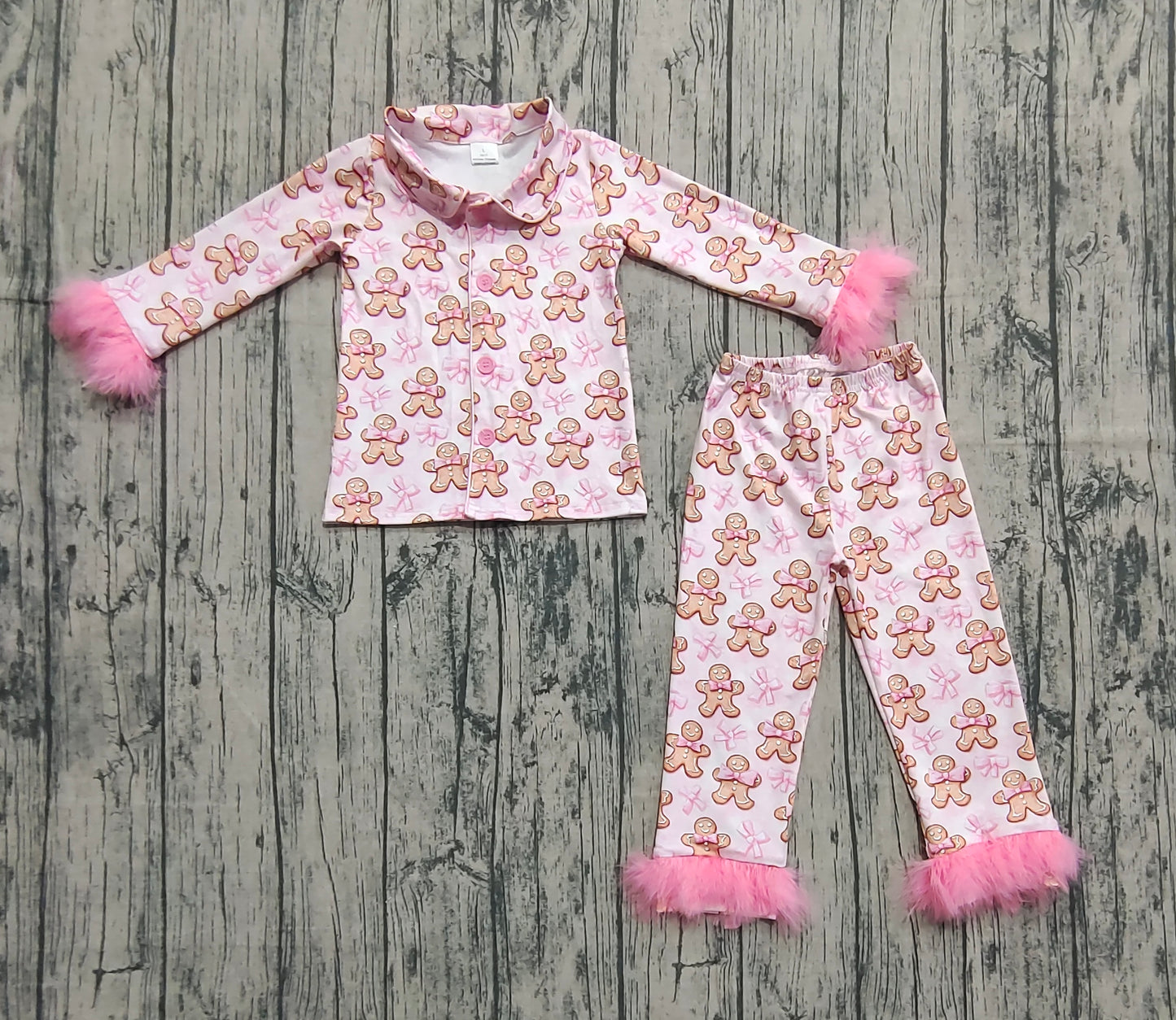 Baby Girl Pink Fur Long Sleeves Bows Gingerbread Buttons Shirt Pants Pajamas Christmas Set RTS