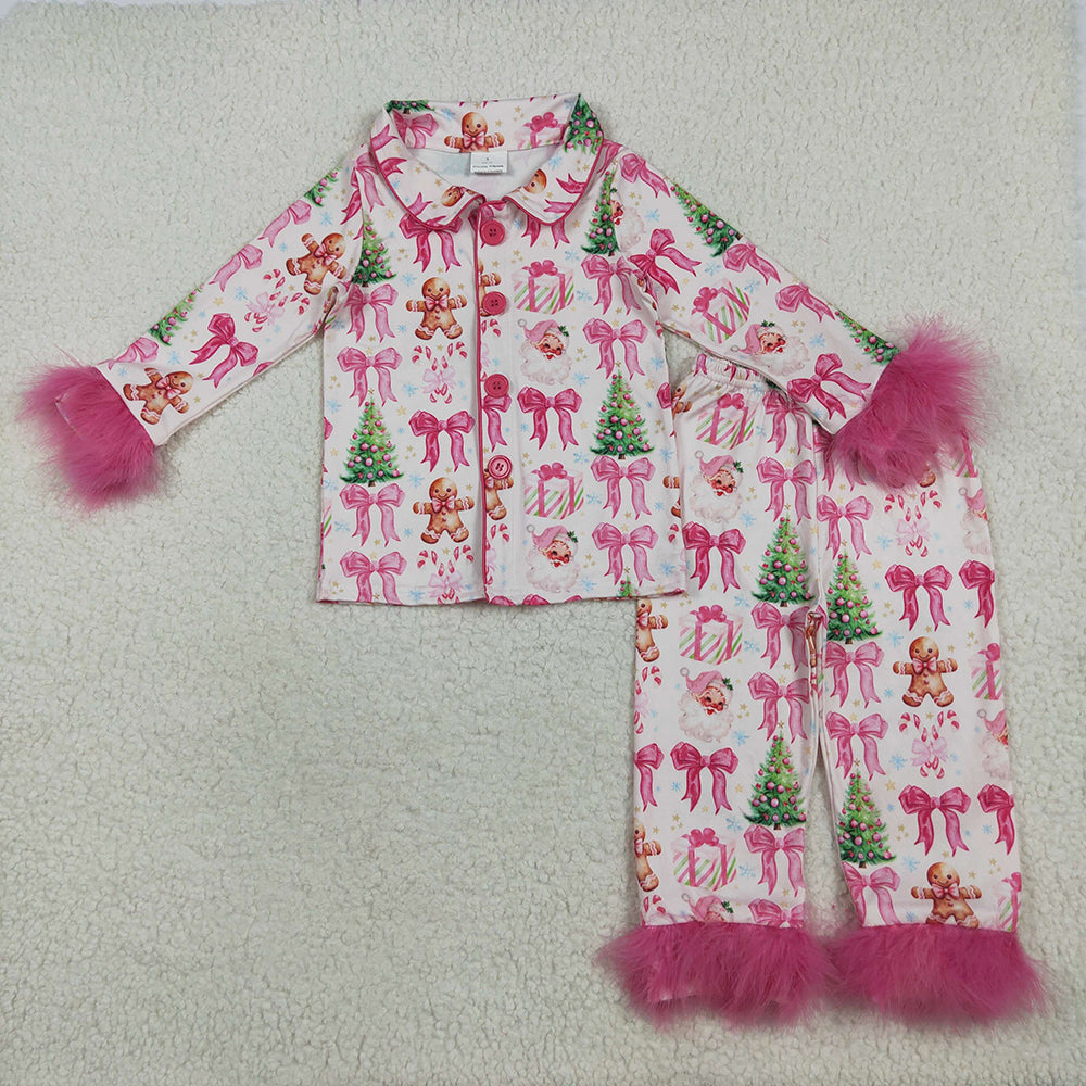 Baby Girl Fur Long Sleeves Bows Santa Christmas Sibling Pajamas Set Clothes RTS