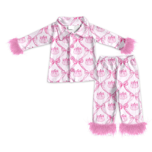 ( Moq 5 ) Preorder Baby Girl Pink Fur Long Sleeves Bows Pumpkins Buttons Shirt Pants Pajamas Set