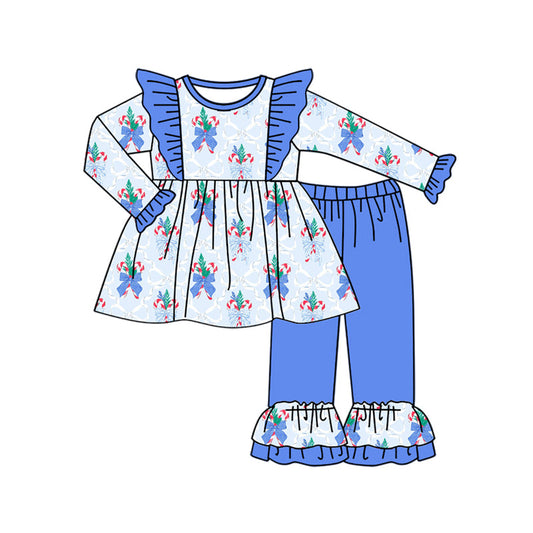 ( Moq 5 ) Preorder Baby Girl Long Sleeves Bows Candy Cane Tunic Blue Pants Set