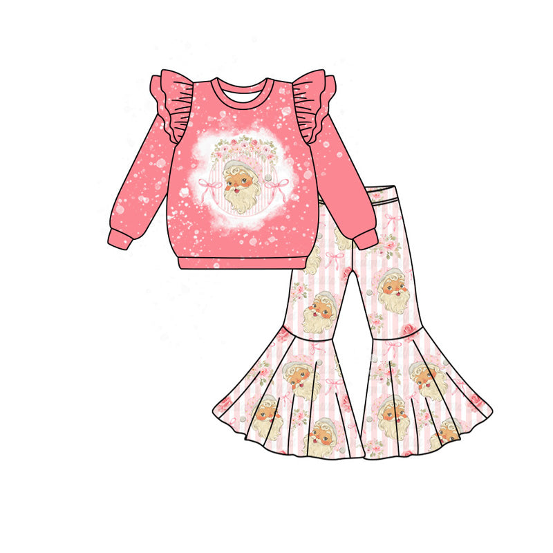 ( Moq 5 ) Preorder Baby Girl Long Sleeves Santa Shirt Bows Stripes Bell Pants Set