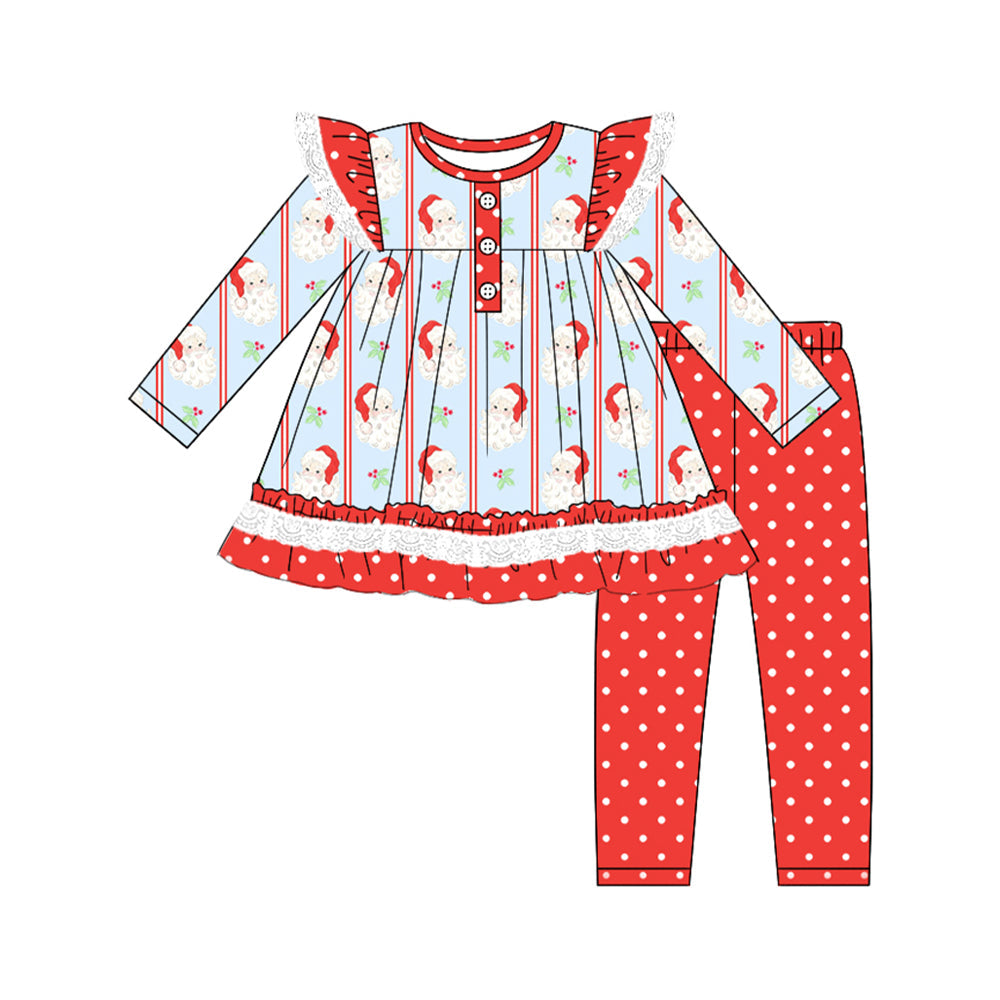 ( Moq 5 ) Preorder Baby Girl Long Sleeves Santa Stripes Buttons Tunic Dots Red Pants Christmas Set