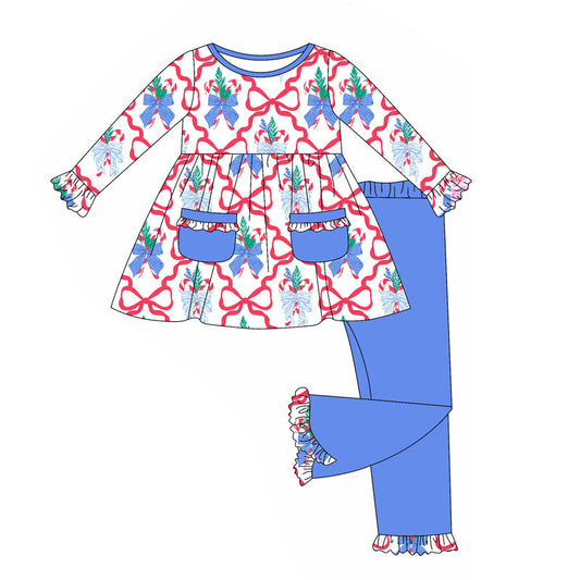 ( Moq 5 ) Preorder Baby Girl Long Sleeves Bows Plaid Pockets Tunic Legging Pants Christmas Set