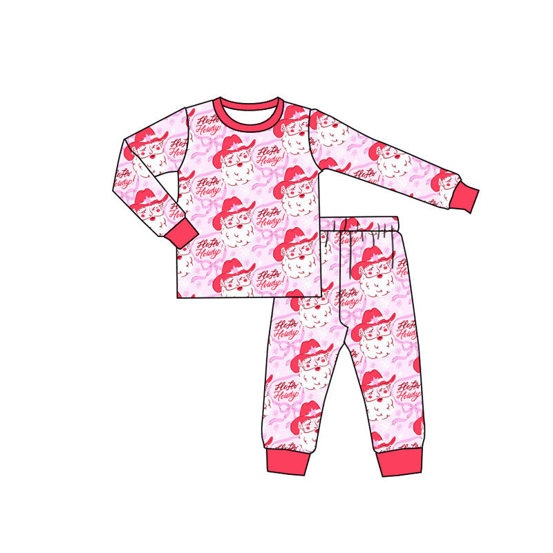 ( Moq 5 ) Preorder Baby Girl Long Sleeves Santa Bows Shirt Pants Pink Pajamas Set