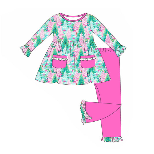 ( Moq 5 ) Preorder Baby Girl Long Sleeves Floral Trees Pockets Tunic Pink Ruffle Pants Christmas Set