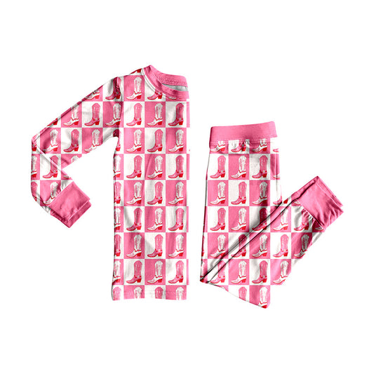 ( Moq 5 ) Preorder Baby Girl Long Sleeves Western Boots Shirt Pants Pajamas Pink Set