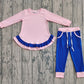 Baby Girl Long Sleeves Ruffle Pink Tops Blue Pockets Pants Set RTS