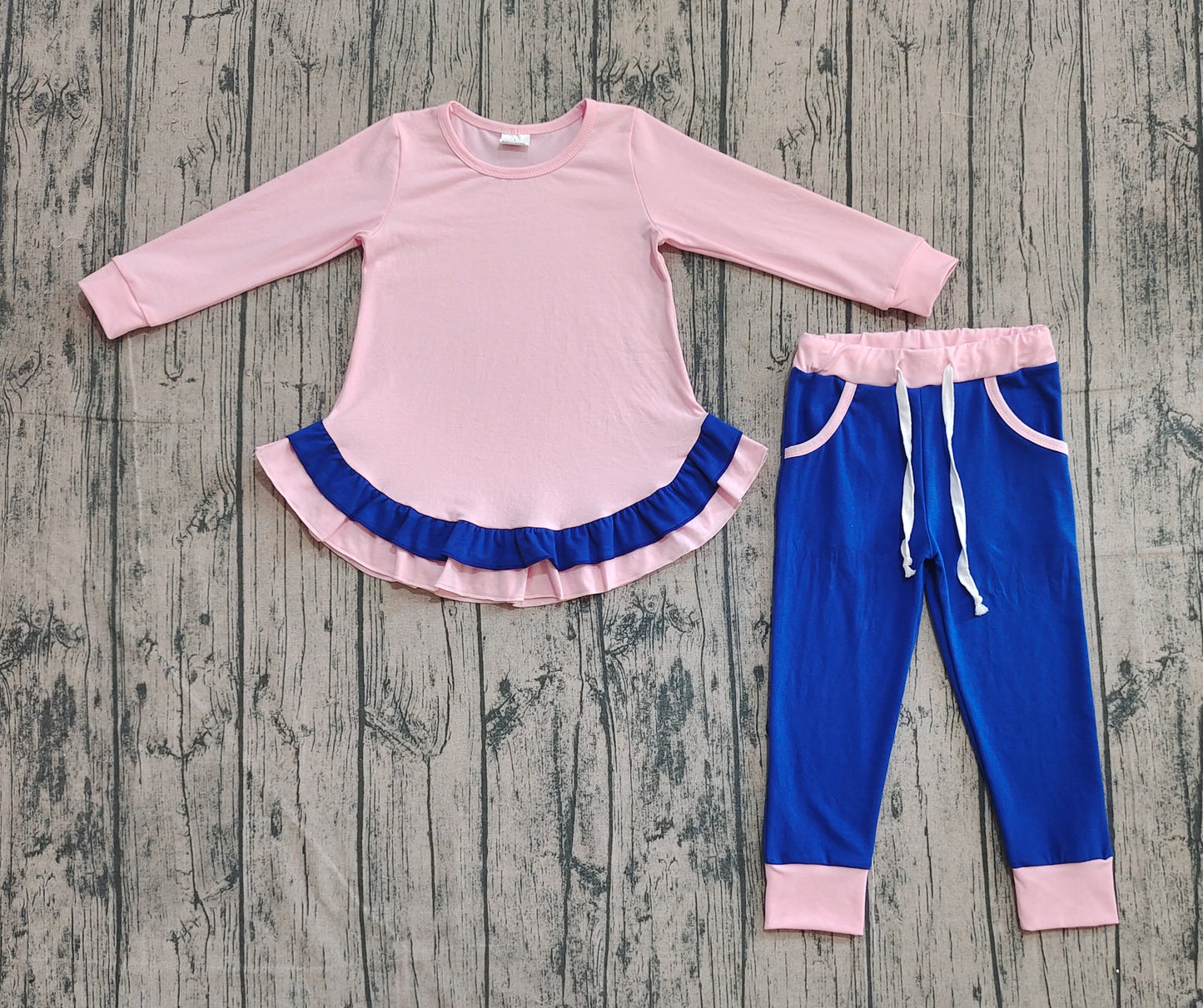 ( No moq ) Preorder Baby Girl Long Sleeves Ruffle Pink Tops Blue Pockets Pants Set