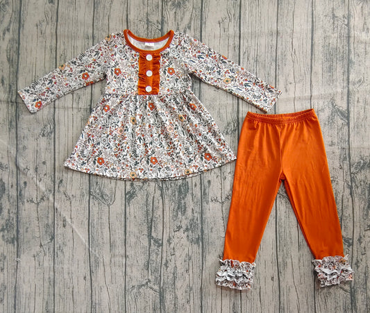 Preorder Baby Girl Long Sleeves Floral Buttons Tunic Ruffle Brown Pants Set（ No moq ）