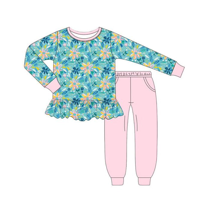 ( Moq 5 ) Preorder Baby Girl Long Sleeves Flower Tunic Pink Pockets Pants Set