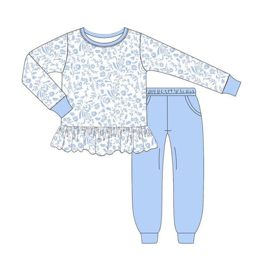 ( Moq 5 ) Preorder Baby Girl Long Sleeves Floral Tunic Pockets Blue Pants Set