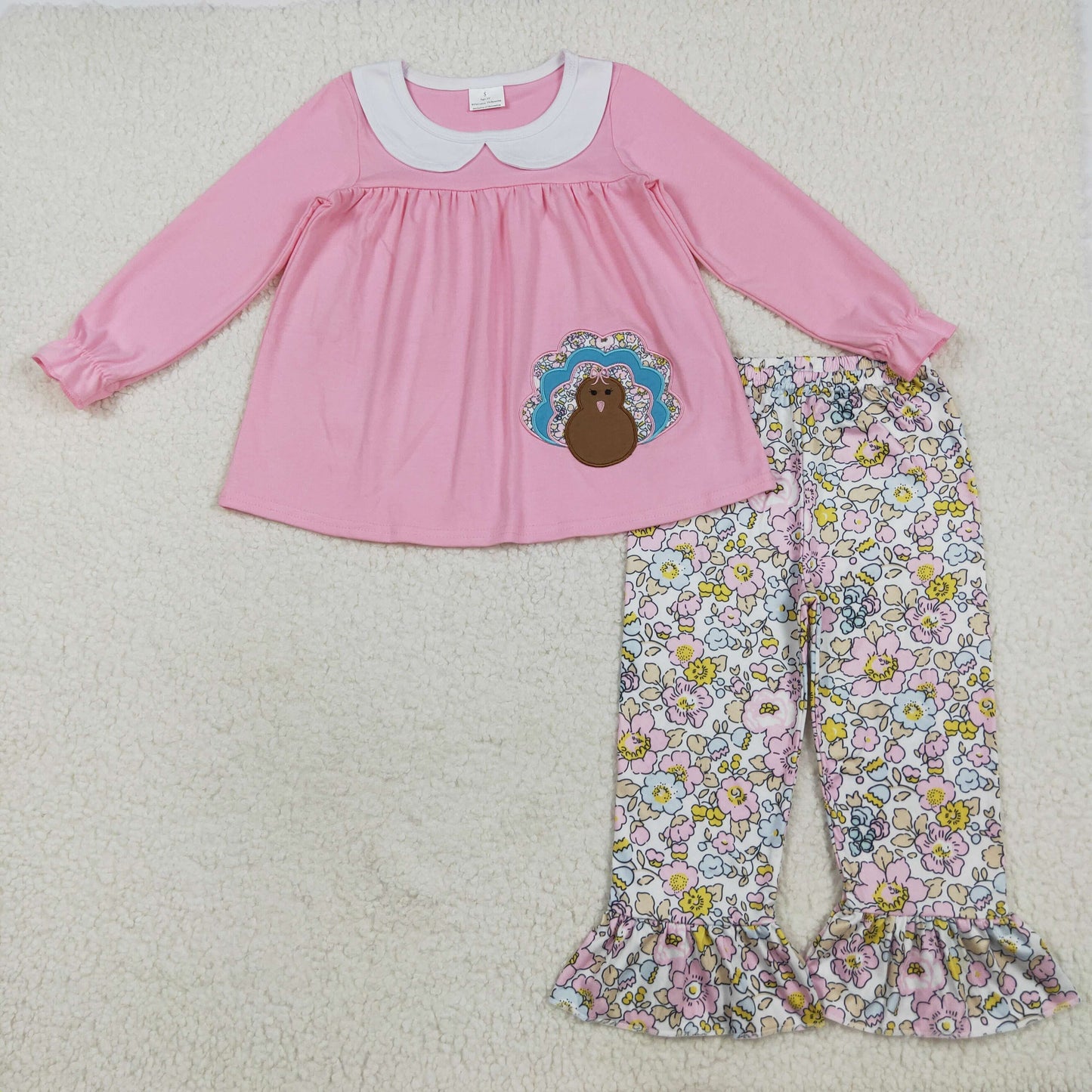 Sibling Girls Kids Embroidery turkey Tunic Pants Thanksgiving Set Clothes RTS
