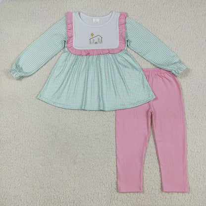 Baby Girl Long Sleeves Green Plaid Embroidery Jesus Sibling Romper Set RTS