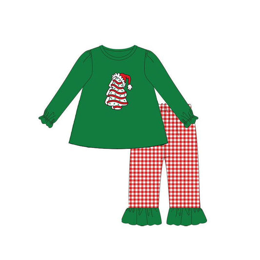 ( Moq 5 ) Preorder Baby Girl Green Long Sleeves Cake Tree Tops Red Plaid Pants Christmas Set