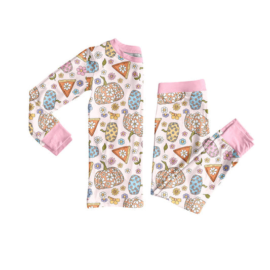 ( Moq 5 ) Preorder Baby Girl Long Sleeves Flower Pumpkins Shirt Pants Pajamas Pink Set