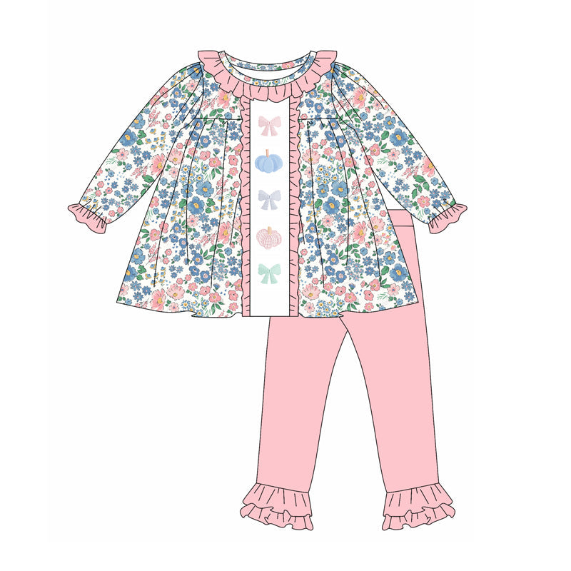 ( Moq 5 ) Preorder Baby Girl Long Sleeves Bows Pumpkins Flower Tunic Pink Pants Set