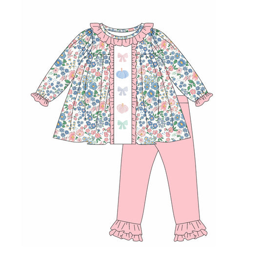 ( Moq 5 ) Preorder Baby Girl Long Sleeves Bows Pumpkins Flower Tunic Pink Pants Set