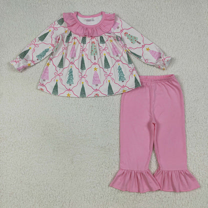 Baby Girl Long Sleeves Trees Bows Christmas Sibling Pink Romper Dress Set Clothes RTS