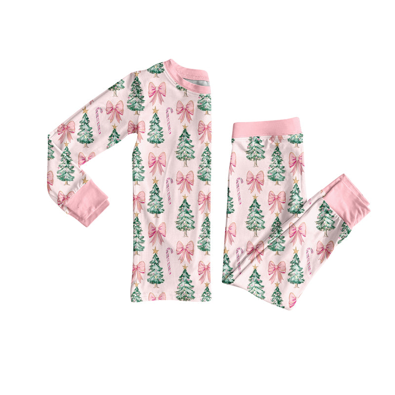 Baby Girl Long Sleeves Tree Bows Christmas Shirt Pants Pink Pajamas Set RTS
