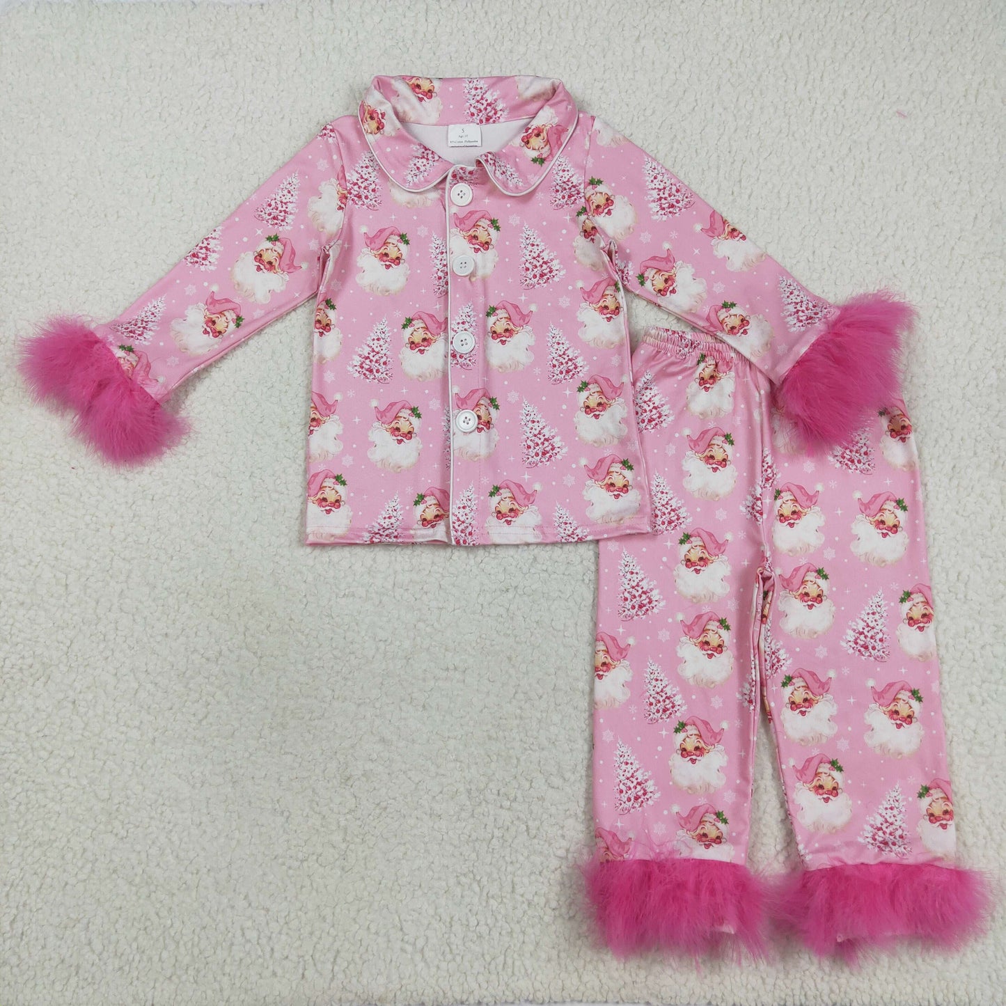 Girls Kids Fur Long Sleeves Bows Santa Buttons Shirt Pants Christmas Set Sibling Pajamas Clothes RTS