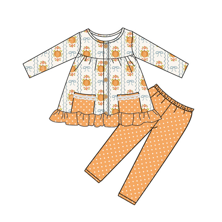 ( Moq 5 ) Preorder Baby Girl Long Sleeves Pumpkins Bows Pockets Buttons Tunic Pants Fall Set