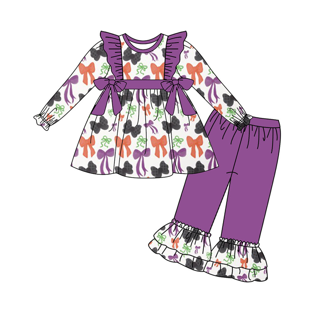 ( Moq 5 ) Preorder Baby Girl Long Sleeves Bows Tunic Purple Pants Halloween Set