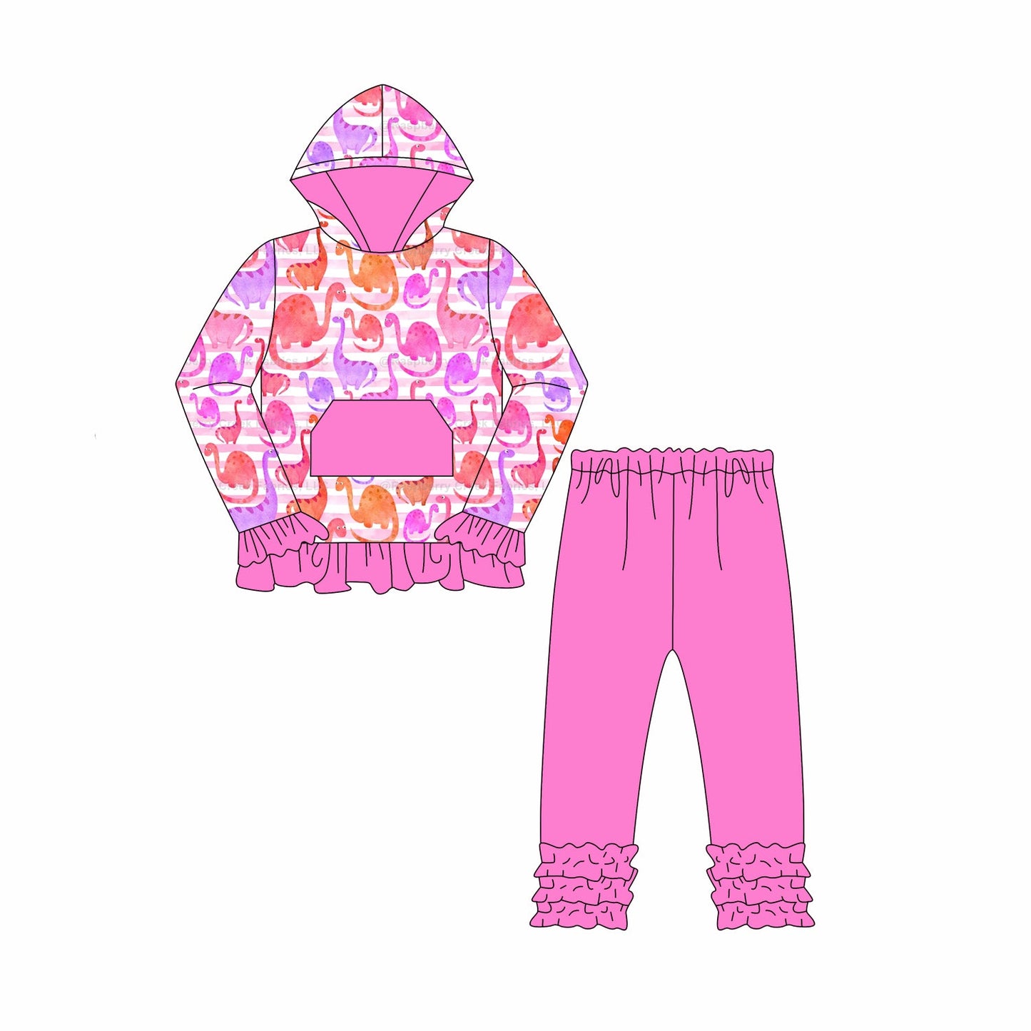 ( Moq 5 ) Preorder Baby Girl Long Sleeves Dinosaurs Pocket Hoodie Shirt Pink Pants Set
