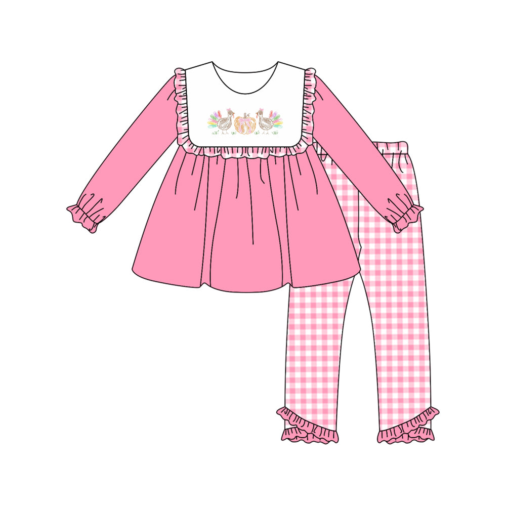 ( Moq 5 ) Preorder Baby Girl Pink Long Sleeves turkey Pumpkin Ruffle Tunic Plaid Pants Set