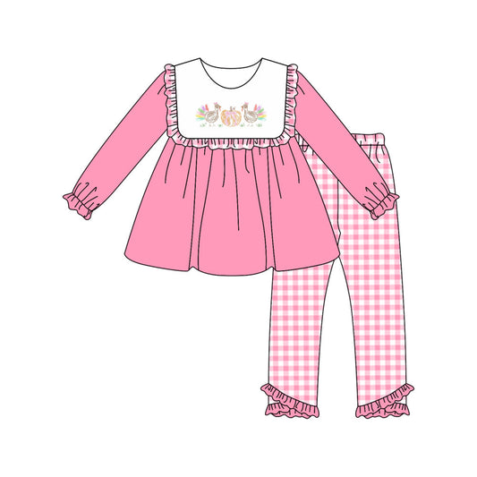 ( Moq 5 ) Preorder Baby Girl Pink Long Sleeves turkey Pumpkin Ruffle Tunic Plaid Pants Set