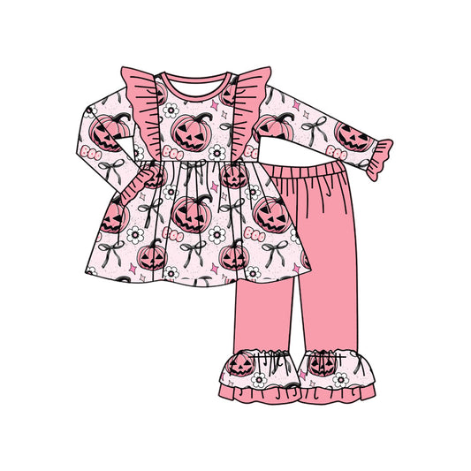 ( Moq 5 ) Preorder Baby Girl Long Sleeves Halloween Pumpkin Flower Bows Tunic Pink Pants Set