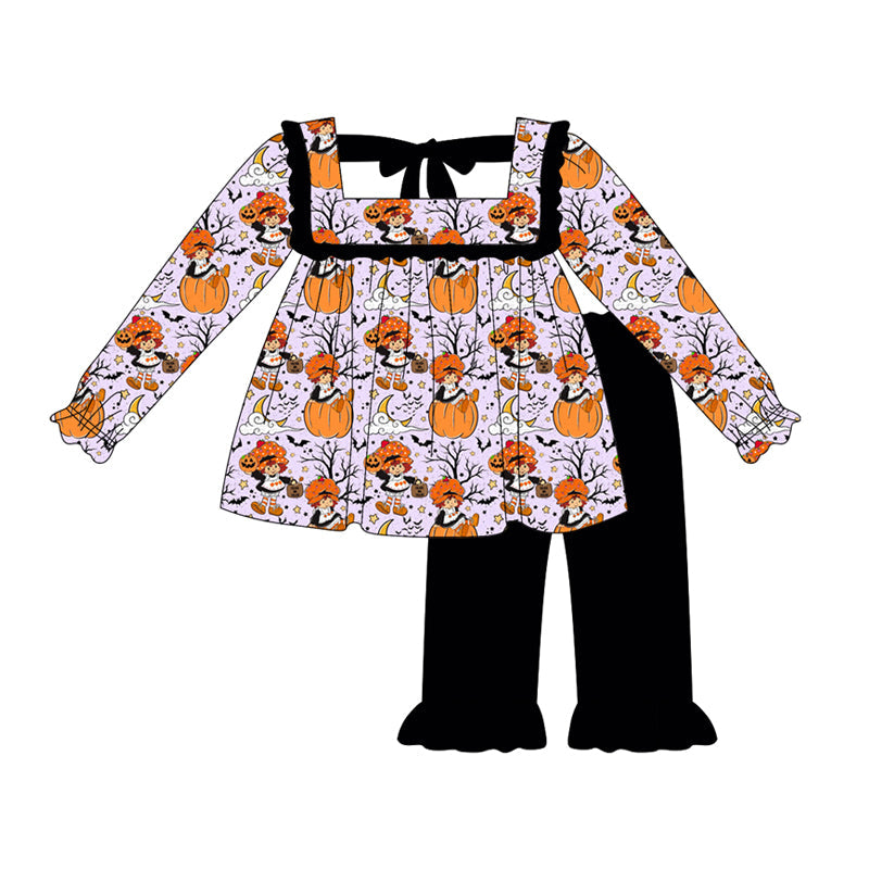 ( Moq 5 ) Preorder Baby Girl Long Sleeves Halloween Pumpkin Bats Tunic Black  Pants Set