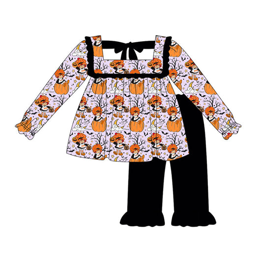 ( Moq 5 ) Preorder Baby Girl Long Sleeves Halloween Pumpkin Bats Tunic Black  Pants Set