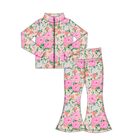 ( Moq 5 ) Preorder Baby Girl Long Sleeves Flower Pockets Zipper Shirt Bell Pants Yoga Active Set