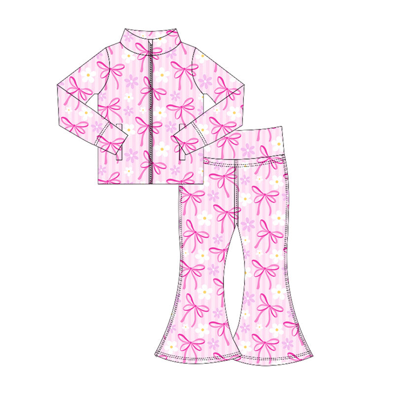 ( Moq 5 ) Preorder Baby Girl Long Sleeves Flower Pink Bows Pockets Zipper Shirt Bell Pants Yoga Active Set