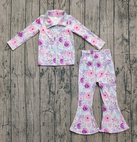 ( No moq ) Preorder Baby Girl Long Sleeves Purple Flower Bows Pockets Zipper Shirt Bell Pants Yoga Active Set