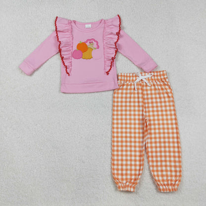 Sibling Baby Girls Long Sleeves Embroidery turkey Pumpkins Shirt Plaid Pants Set RTS