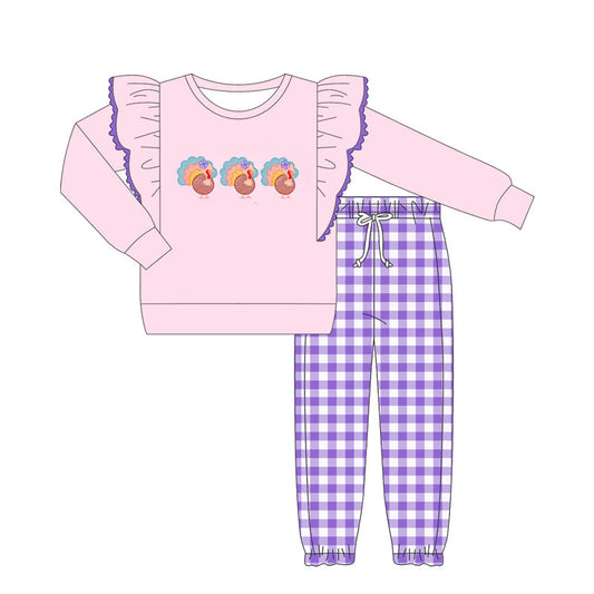 ( Moq 5 ) Preorder Baby Girl Long Sleeves turkey Shirt Purple Plaid Pants Thanksgiving Fall Set