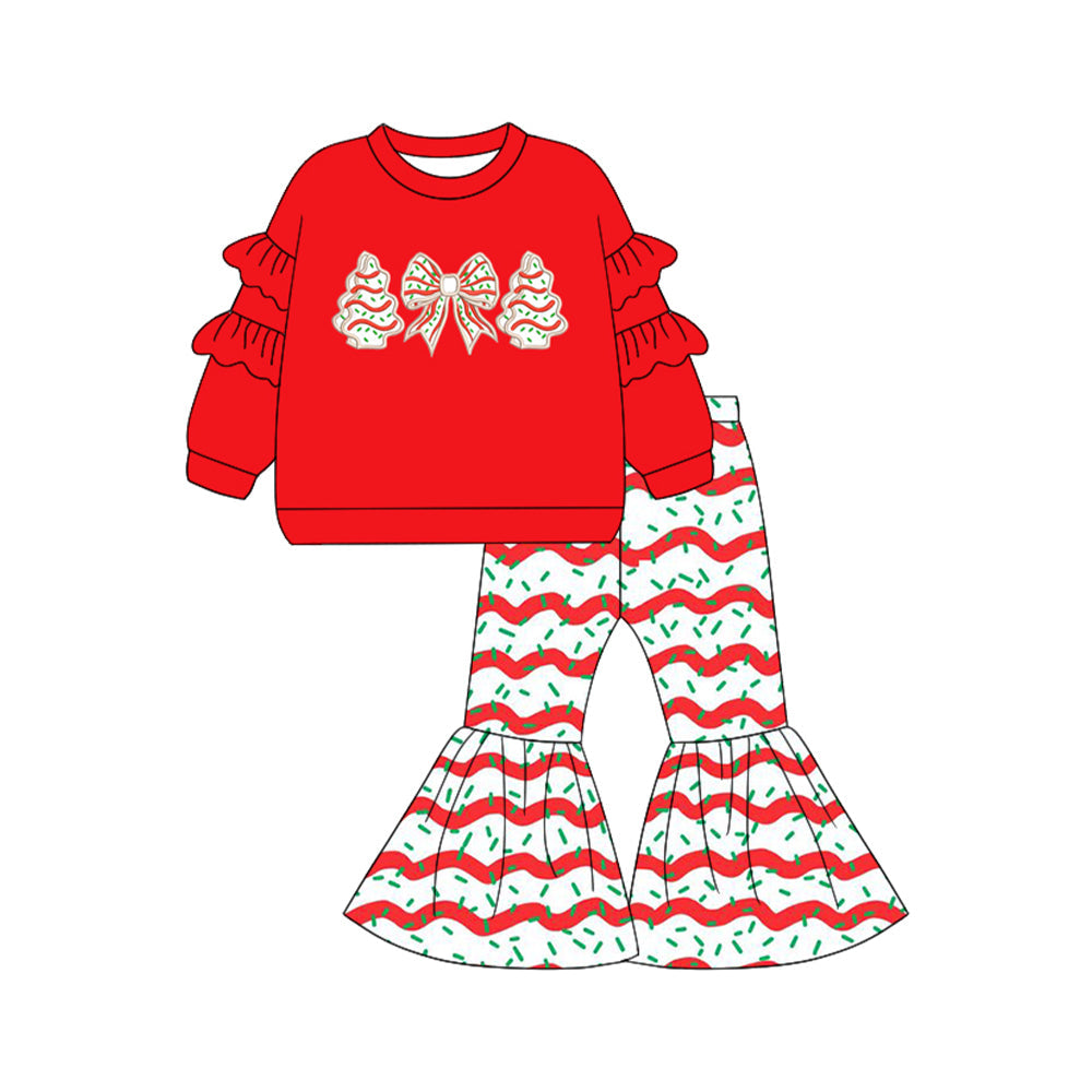 ( Moq 5 ) Preorder Baby Girl Red Ruffle Long Sleeves Bow Cake Trees Shirt Bell Pants Christmas Set