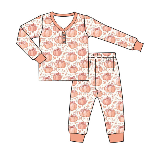 ( Moq 5 ) Preorder Adult Women Long Sleeves Bows Pumpkins Shirt Pants Pajamas Set