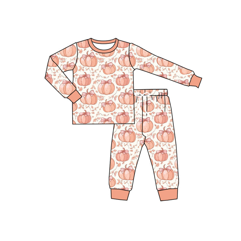 ( Moq 5 ) Preorder Baby Girl Long Sleeves Bows Pumpkins Shirt Pants Pajamas Set