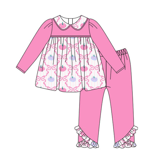 ( Moq 5 ) Preorder Baby Girl Pink Long Sleeves Bows Pumpkins Tunic Ruffle Pants Set