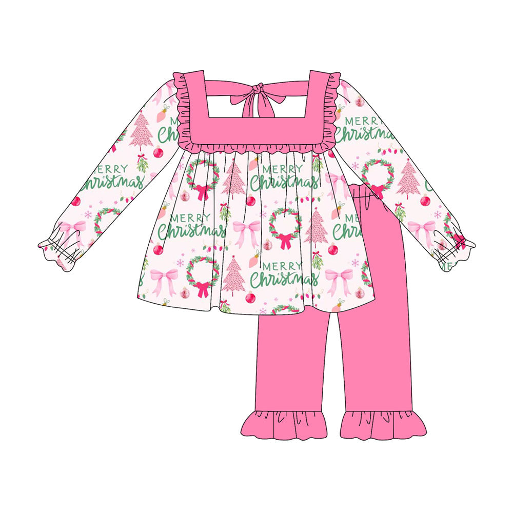( Moq 5 ) Preorder Baby Girl Long Sleeves Christmas Bows Trees Tunic Ruffle Pink Pants Set