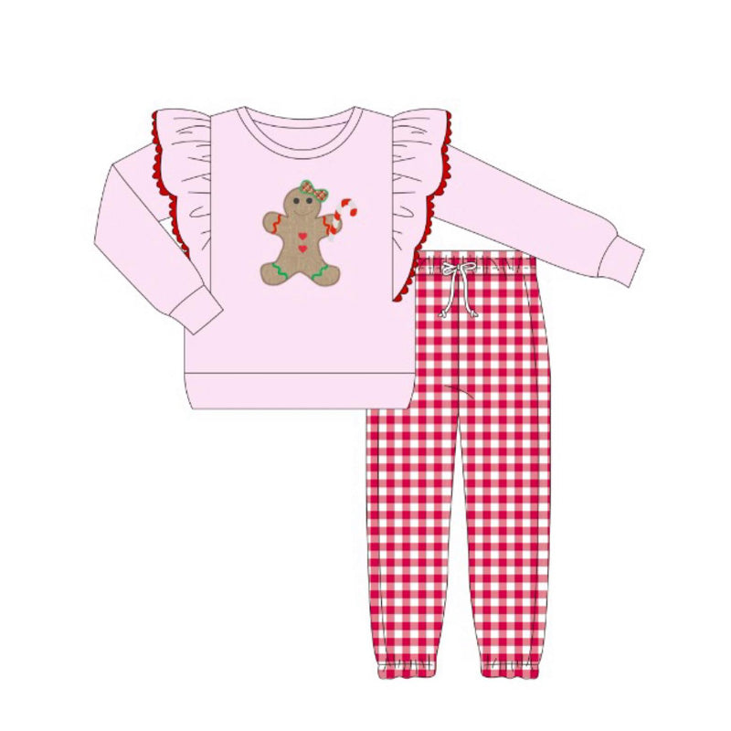 ( Moq 5 ) Preorder Baby Girl Long Sleeves Gingerbread Shirt Red Plaid Pants Christmas Set
