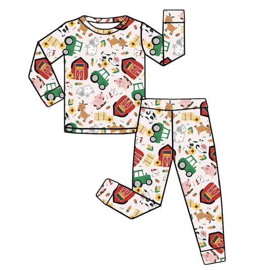 ( Moq 5 ) Preorder Baby Girl Toddler Long Sleeves Farm Animals Shirt Pants Pajamas Clothes Set