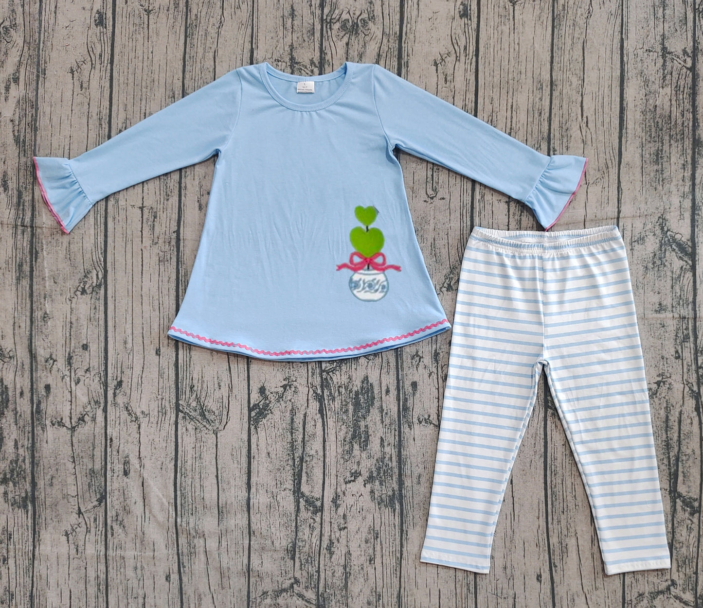 ( No moq ) Preorder Baby Girl Long Sleeves Embroidery Hearts Bow Blue Tunic Stripes Pants Clothes Set