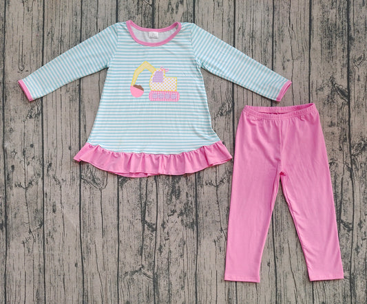 Preorder Baby Girl Long Sleeves Embroidery Excavator Stripes Tunic Pink Pants Clothes Set（ No moq ）