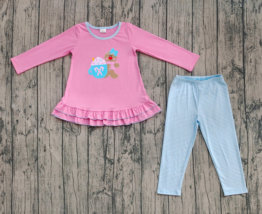 Preorder Baby Girl Long Sleeves Embroidery Gingerbread Tunic Blue Pants Christmas  Set（ No moq ）